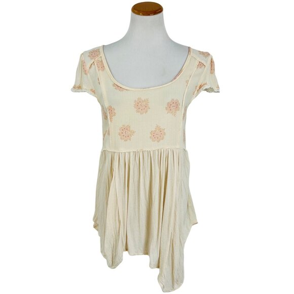 Free People Floral Dandelion & Delicate Lace Trim Asymmetrical Flowy Boho Top - Picture 2 of 13